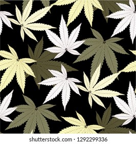 Marijuana Leaf and black drawing marijuana seamless pattern. Cannabis marijuana hemp leaf in white color Vector Illustration background.