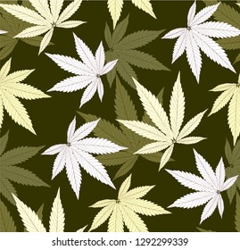 Marijuana Leaf and black drawing marijuana seamless pattern. Cannabis marijuana hemp leaf in white color Vector Illustration background.