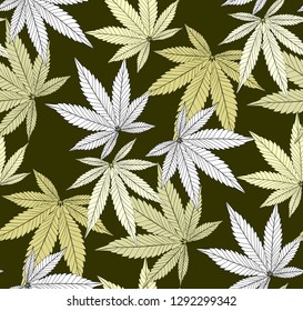 Marijuana Leaf and black drawing marijuana seamless pattern. Cannabis marijuana hemp leaf in white color Vector Illustration background.