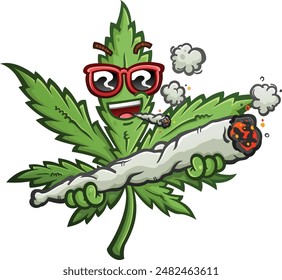 Personaje de dibujos animados de hoja de marihuana con una actitud fresca usando gafas de sol rojas fumando un Pequeño porro mientras sostiene un enorme doobie ardiente