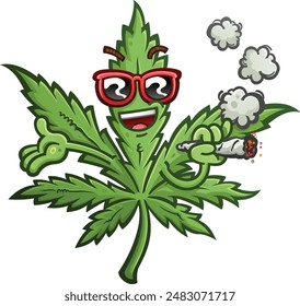 Personaje de dibujos animados de hoja de marihuana con una actitud fresca usando gafas de sol rojas fumando un porro con los brazos abiertos que abrazan 