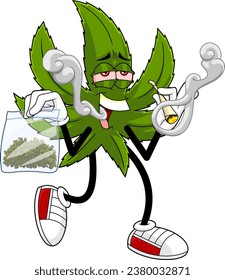 Caricatura De Hojas De Marihuana Con Paquete Con Malezas Frescas De Cannabis. Ilustración dibujada a mano vectorial aislada en fondo transparente