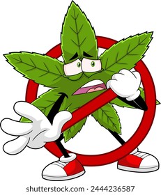 Marijuana Leaf Cartoon Character In A Prohibited Restricted Sign. Vector Hand Drawn Illustration Isolated On Transparent Background