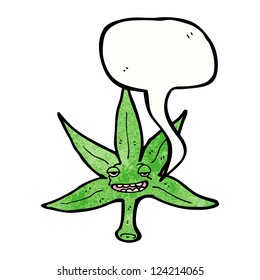 personaje de caricatura de hoja de marihuana con nube de habla