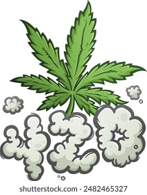 Ilustración de dibujos animados de hojas de marihuana detrás de una nube de humo de arrecife deletreado en la forma de los números 420 para significar la fiesta del día de la mala hierba