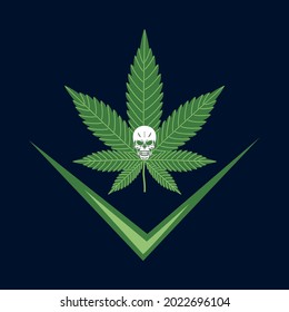 Marijuana leaf. In the center is a skull, a design for printing a print on a T-shirt and other items in countries where cannabis is legalized. 