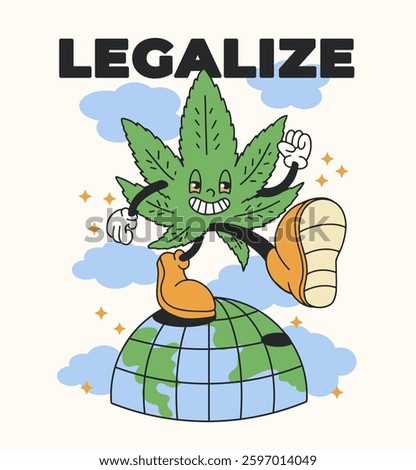 marijuana leaf character smiles and walks , cheerful print on a t-shirt, retro style .Legalize