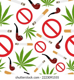 Hojas de marihuana, cigarrillos, tubo de tabaco detienen el signo rojo sin fisuras. Antecedentes de cannabis antinarcótico. Hemp. Fondo blanco. 