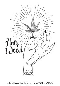 Marijuana leaf in female hand isolated over white background. Blackwork tattoo or print design cannabis vector illustration.