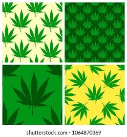 Marijuana leaf green seamless patterns set. Hand drawn narcotic cannabis background. Hemp vector illustration backdrop.