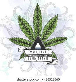 Marijuana leaf. Hand drawn isolated illustrations on abstract watercolor background.