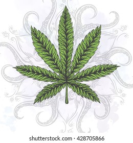 Marijuana leaf. Hand drawn isolated illustrations on abstract watercolor background.