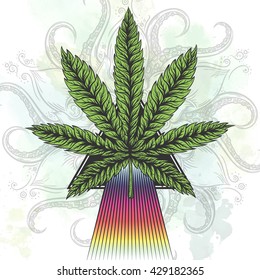Marijuana leaf. Hand drawn isolated illustrations on abstract watercolor background.