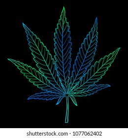 Marijuana leaf. Hand drawn outline narcotic cannabis design element. Hemp vector illustration in acid blue and green isolated over black background.