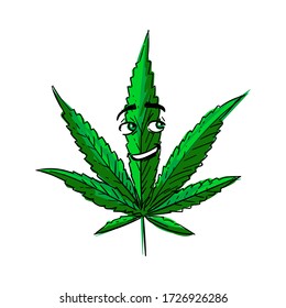 Marijuana leaf. Hemp. Cute funny cartoon. Handdrawn vector illustration