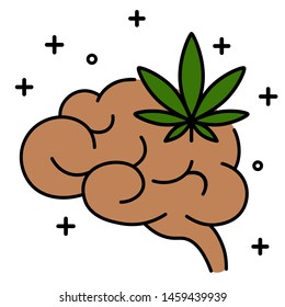 Marijuana leaf with human brain. Influence of smoking marijuana on human brain, nervous system, mental activity. Isolated vector illustration on white background.