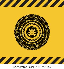 marijuana leaf icon black grunge emblem, yellow warning sign. Vector Illustration. Detailed.