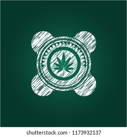 marijuana leaf icon drawn chalk emblem, retro style, chalk or chalkboard texture