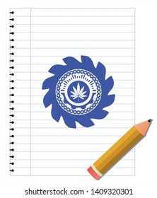 marijuana leaf icon drawn with pen. Blue ink. Vector Illustration. Detailed.