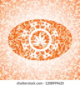 marijuana leaf icon inside abstract emblem, orange mosaic background