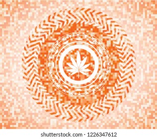marijuana leaf icon inside abstract orange mosaic emblem