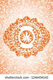 marijuana leaf icon inside abstract orange mosaic emblem