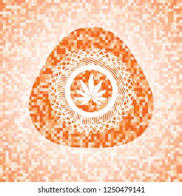 marijuana leaf icon inside abstract emblem, orange mosaic background