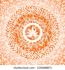 marijuana leaf icon inside abstract orange mosaic emblem with background