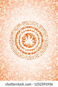 marijuana leaf icon inside abstract orange mosaic emblem with background