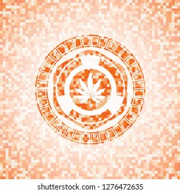 marijuana leaf icon inside abstract orange mosaic emblem