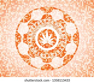 marijuana leaf icon inside abstract orange mosaic emblem with background