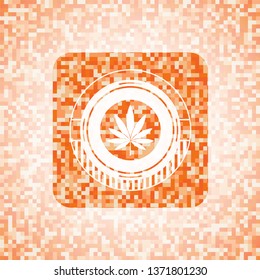 marijuana leaf icon inside abstract emblem, orange mosaic background