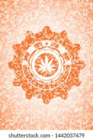 marijuana leaf icon inside abstract orange mosaic emblem