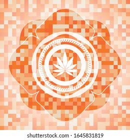 marijuana leaf icon inside abstract emblem, orange mosaic background