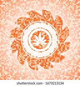 Icono de hoja de marihuana dentro del emblema abstracto de mosaico naranja con fondo