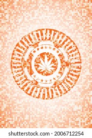 icono de la hoja de marihuana dentro del emblema abstracto de mosaico naranja con fondo. 