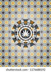 marijuana leaf icon inside arabesque emblem. arabic decoration.