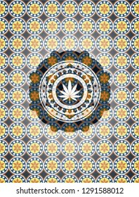 marijuana leaf icon inside arabesque style emblem. arabic decoration.