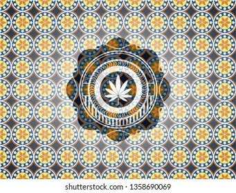 marijuana leaf icon inside arabesque emblem. arabic decoration.