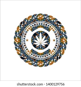 marijuana leaf icon inside arabesque badge. arabic decoration.