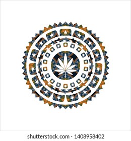 marijuana leaf icon inside arabesque badge background. arabic decoration.