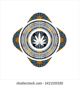 marijuana leaf icon inside arabesque badge. arabic decoration.