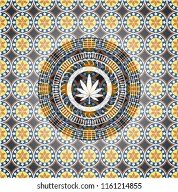 marijuana leaf icon inside arabic style emblem. Arabesque decoration.