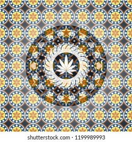 marijuana leaf icon inside arabic style emblem. Arabesque decoration.
