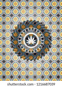 marijuana leaf icon inside arabic emblem background. Arabesque decoration.