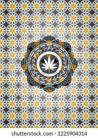 marijuana leaf icon inside arabic style emblem. Arabesque decoration.