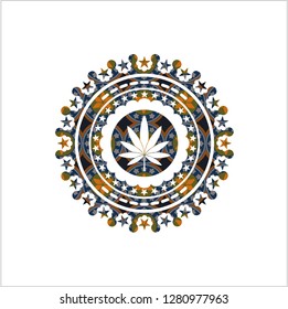 marijuana leaf icon inside arabic emblem. Arabesque decoration.