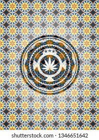 marijuana leaf icon inside arabic emblem. Arabesque decoration.
