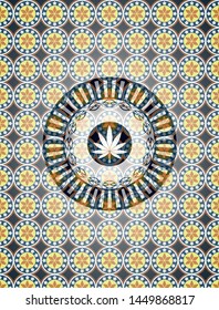 marijuana leaf icon inside arabic style emblem. Arabesque decoration.