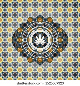 marijuana leaf icon inside arabic style badge. Arabesque decoration.